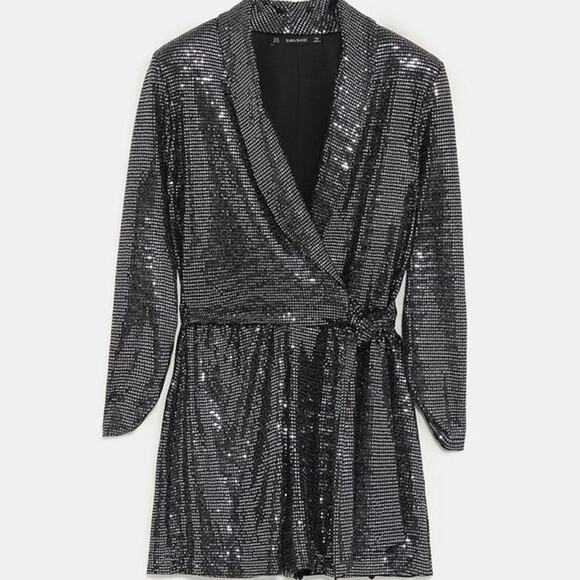 Zara Sequined Long Sleeve Gun Metal Romper - Picture 6 of 9